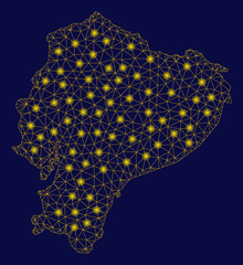 Bright yellow mesh Ecuador map with glare effect. Wire frame polygonal mesh in vector EPS10 format on a dark black background. Abstract 2d mesh created from triangular lines, dots,