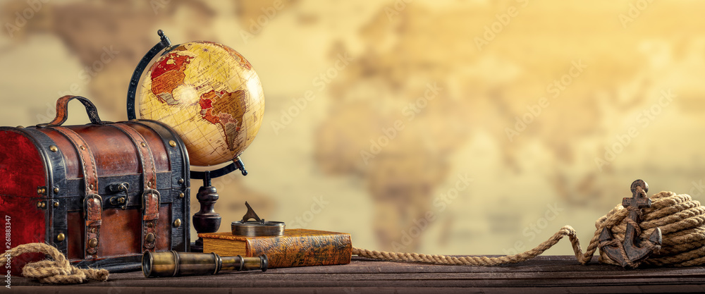 Vintage World Globe, Suitcase, Compass, Telescope, Book, Rope And Anchor With Map Background And Aged Yellowed Effect - Travel Concept - obrazy, fototapety, plakaty 