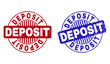 Grunge DEPOSIT round stamp seals isolated on a white background. Round seals with distress texture in red and blue colors. Vector rubber imitation of DEPOSIT title inside circle form with stripes.