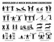 © leremy - Shoulder and neck building exercise and muscle building stick figure pictograms. Set of weight training reps workout for shoulder and neck by gym machine tools with instructions and steps.