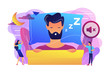 Businessman sleeping in bed and snoring, angry awake tiny people listening. Night snoring, sleep apnea syndrome, snoring and apnea treatment concept. Bright vibrant violet vector isolated illustration
