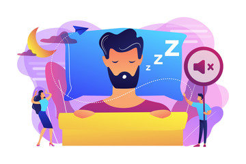 Sticker - Businessman sleeping in bed and snoring, angry awake tiny people listening. Night snoring, sleep apnea syndrome, snoring and apnea treatment concept. Bright vibrant violet vector isolated illustration