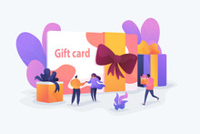 Gift Card And Promotion Strategy, Gift Voucher, Discount Coupon And Gift Certificate Concept. Vector Isolated Concept Illustration With Tiny People And Floral Elements. Hero Image For Website.