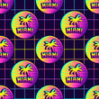Neon retrowave style seamless pattern with palm trees and text 