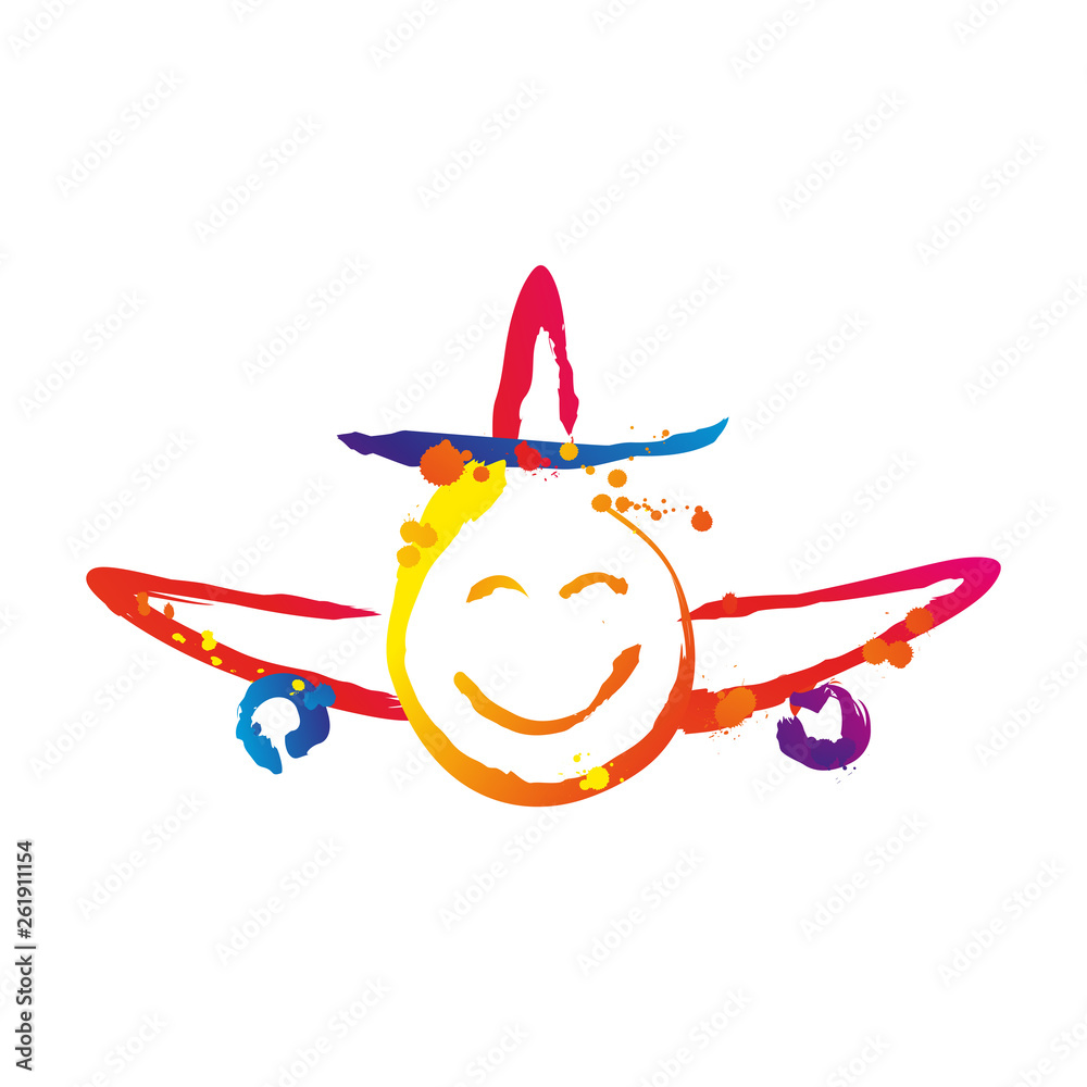 Kolorowy uśmiechnięty samolot. Ikona wektor - obrazy, fototapety, plakaty 