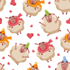 Wall Mural - Cute Cartoon Sheep Seamless Pattern, Design Element Can Be Used for Fabric, Wallpaper, Packaging Vector Illustration