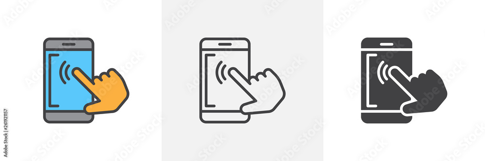 Mobile phone touch screen icon. Line, glyph and filled outline colorful version, Smartphone touchscreen tap outline and filled vector sign. Symbol, logo illustration. Different style icons set.  - obrazy, fototapety, plakaty 