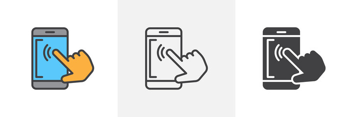 mobile phone touch screen icon. line, glyph and filled outline colorful version, smartphone touchscr