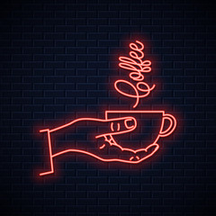 Sticker - Hand hold coffee neon sign. Male coffee cup