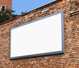 Wall Mural - 3D rendering of blank billboard (empty advertisement) on brick wall. Empty mockup template