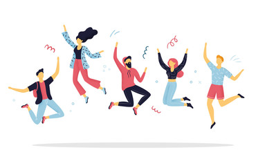 happy people jumping for joy. funny hand-drawn cartoon women and men on a party. concepts of celebra