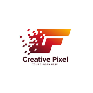 F initial tech pixel logo designs vector, modern F logo designs template