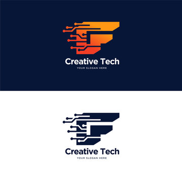 F initial tech logo designs vector with modern circuit