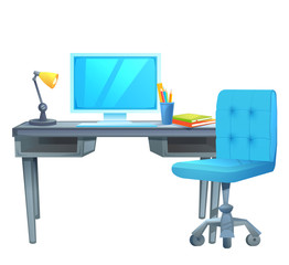 Wall Mural - Workplace with a computer desk on which are books and a lamp. Vector cartoon illustration  