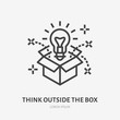 Think outside the box flat line icon. Creative solution vector illustration. Thin sign of innovation, business logo