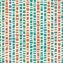 Blue, Green Mosaic Terrazzo Style Vertical Striped Design With Accent Coral Colour. Seamless Vector Pattern On Cream Background. Great For Wellness Products, Fabric, Packaging, Stationery, Home Decor