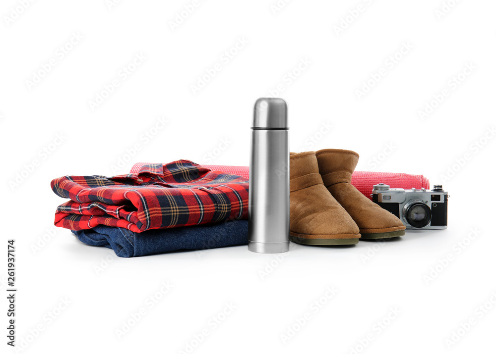 Set of items for tourist on white background