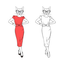Humanized Cat Woman Hipster Dressed Up In Classy Red Dress And Glasses. Hand Drawn Vector Illustration. Furry Art Image. Anthropomorphic Animal.