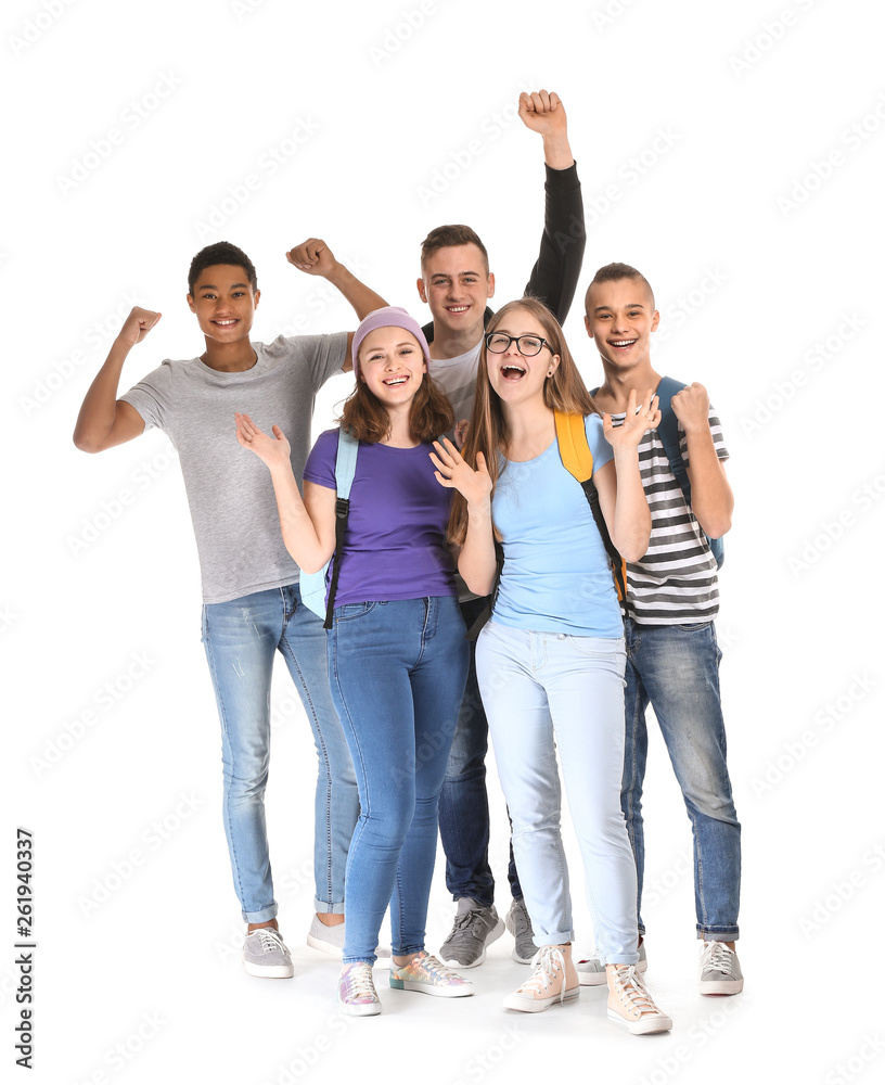 Group of happy teenagers on white background
