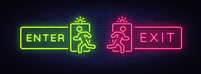 exit enter neon signs vector. enter exit design template neon signboard, light banner, neon signboar