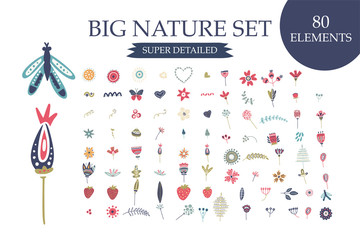 Wall Mural - Folk art vector nature set.