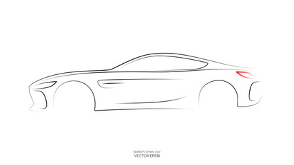 Poster - Modern car sketch line silhouette side view isolated on white background. Vector illustration in concept electric car, self drive car