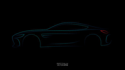 Poster - Modern car sketch dots line silhouette blue and green light isolated on black background in side view. Vector illustration in concept technology electric car, self drive car