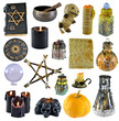Design set with pentagram, pumpkin, witch book, black candle isolated on white