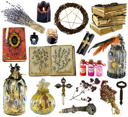 Wall Mural - Design set with witch book, magic bottle, herbs, black candle isolated on white