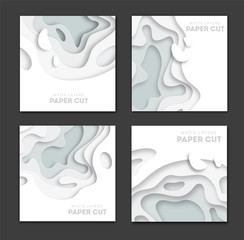 Poster - Set of square white banner templates with paper cut shapes. White modern abstract design for business presentations, flyers, posters. Vector Illustration.
