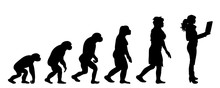 Painted Theory Of Evolution Of Man. Vector Silhouette Of Homo Sapiens. Symbol From Monkey To Businesswoman.