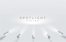 Five Spotlights Shine In One Place. Projector On The Wall. Minimalistic Design. Empty Place. Vector Illustration. Spotlights With Bright White Light Shining Stage Vector Set.