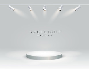 Wall Mural - five modern spotlights shine on the podium, spot, stage. empty. spotlight shines at an angle on spot