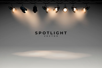 Wall Mural - spotlights with bright white light shining stage vector set. illuminated effect form projector, illu