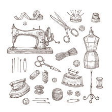 Tailor Shop. Sketch Sewing Tools Materials Vintage Clothes Needlework Textile Industry Stitching Tailor Handicraft Vector Set. Needlework And Handicraft, Tailoring And Sewing Illustration