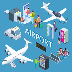 Sticker - Airoport isometric set with waiting area, snack bar, check-in desk, arplanes vector illustration. Travel airplane isometric, security airport