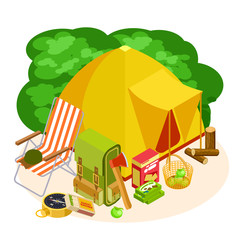 Canvas Print - Isometric camping equipment vector set isolated on white background. Equipment outdoor for camp, travel recreation illustration