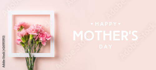 Fotografía top view of carnation on pink for mothers day
