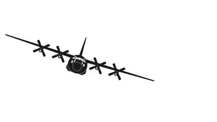 Wall Mural - Flying military aircraft on white background. Black silhouette of cargo plane. Front view.