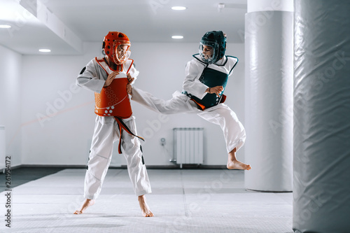 Sporty Caucasian boys having taekwondo training in white gym Fototapete