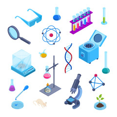 Science lab, chemistry research vector 3d isometric symbols. Isolated flat icons set. Laboratory equipment collection