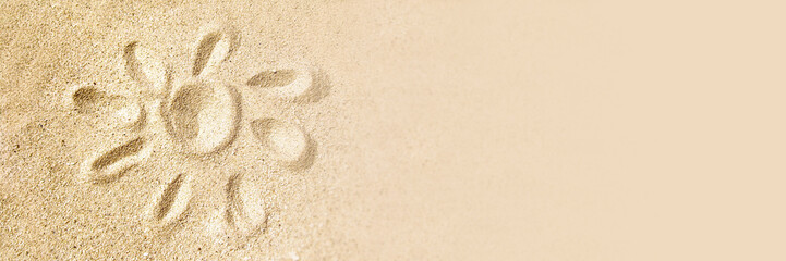 drawing of a sun in the sand of a beach, summer vacations travel panoramic background and web banner