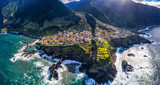 Fototapeta Paryż - Beautiful mountain landscape of Madeira island, Portugal, on a summer day. Aerial panorama view.