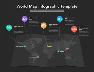 Poster - World map infographic template with colorful pointer marks - dark version. Easy to use for your design or presentation.