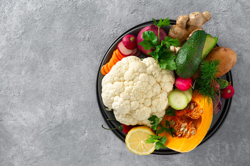 Wall Mural - Ingredients cooking vegetarian Indian dish aloo gobi top view Healthy food