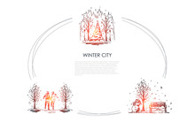 Winter City - Urban Landscapes Under Snowfall And People Walking In Winter Park Vector Concept Set