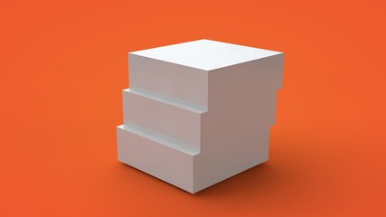 Poster - 3D rendering of a white cube isolated on a yellow background. The cube is divided into segments, parts form steps with sharp edges. Abstract image of a geometric figure, illustration.