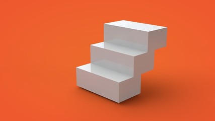Poster - 3D rendering of a white cube isolated on a yellow background. The cube is divided into segments, parts form steps with sharp edges. Abstract image of a geometric figure, illustration.