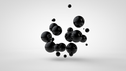 Poster - 3d illustration of black oil droplets randomly spaced and isolated on a white background. 3d renderi