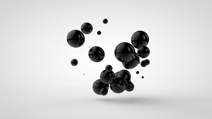 Poster - 3d illustration of black oil droplets randomly spaced and isolated on a white background. 3d renderi